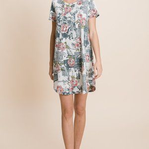 VIAMOR Dusty Ivory Crew Neck Retro Floral Print Mid-Thigh T-Shirt Dress